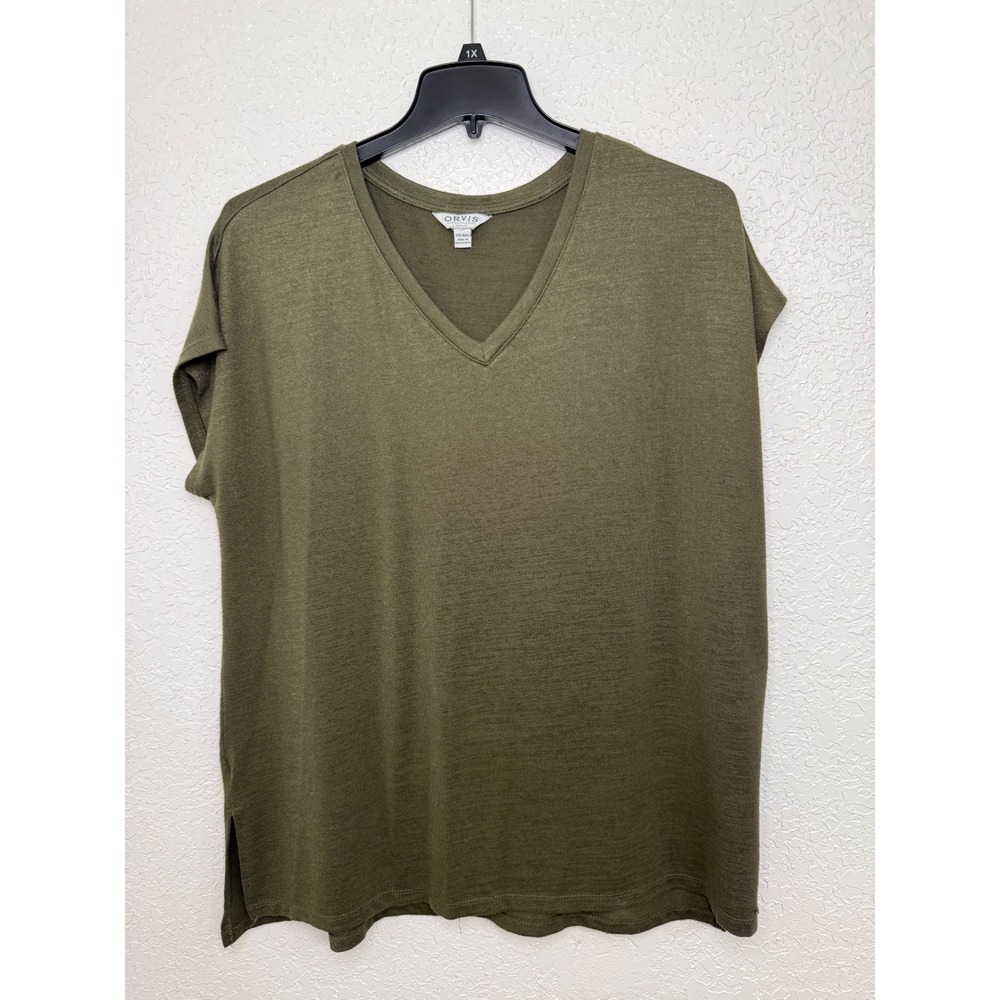 Orvis Classic Collection Womens XXL V-Neck Short Sleeve Top Olive Green Knit
